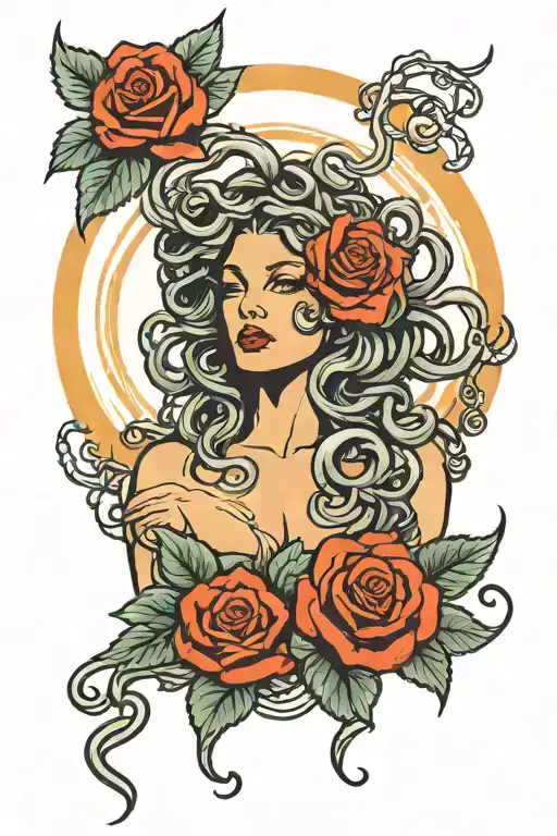 Medusa With A Fire Rose Unity Symbol