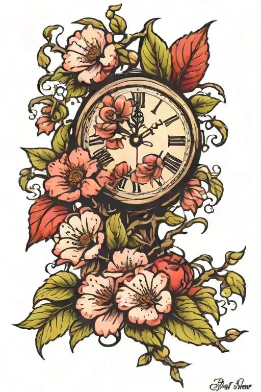 Apple Tree Branch With Clock And Flowers