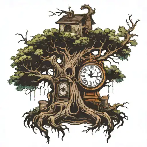 Creepy Tree With Grandfater Clock In The Trunk