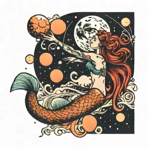 Mermaid Reaching Out To Moon And Planets