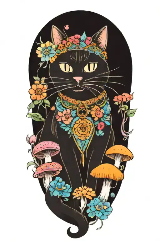 Hippie Cat With Colorful Mushrooms