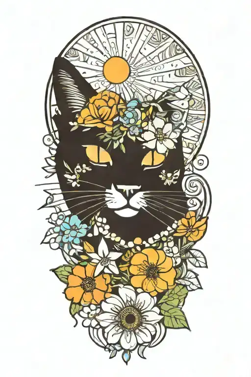 Black Hippie Cat With Trippy Flowers And Sun With Peace Sign