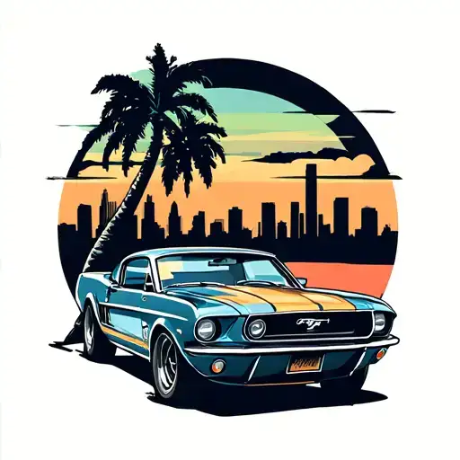Vintage Ford Mustang With Palm Tree Silhouette And Los Angeles Skyline