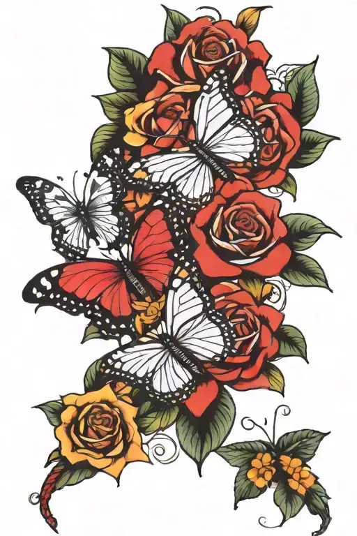 Butterflies With Rose And Frangipani Flowers Growing