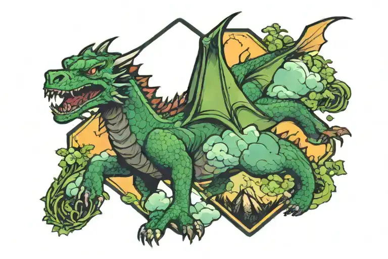 Dog And Dragon Flying Mountain Greenery Clouds Hexagon