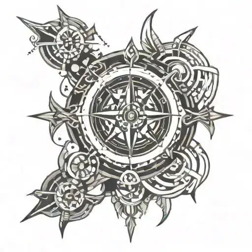 Tribal And Jet Engine And Compass On Arm And Chest