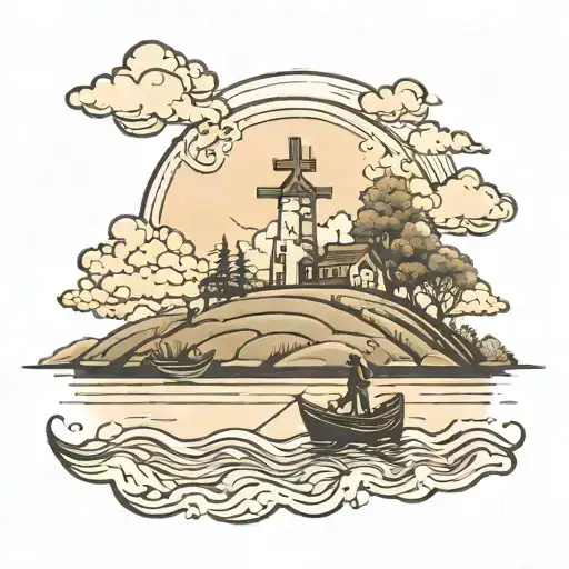 Landscape With A Cross In The Sky And A Son And A Father Fishing A Boat