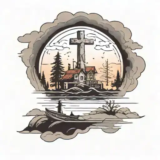 Landscape With A Cross In The Sky And A Boat And Father And A Son