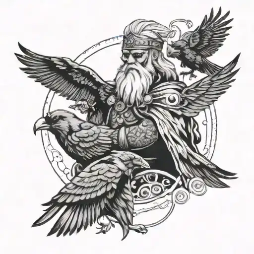 Odin With Eye Patch And His Crows Flying