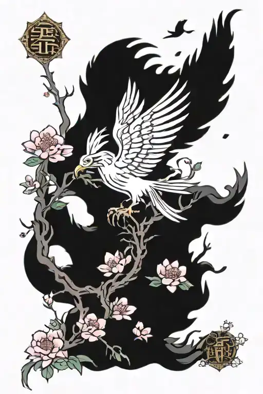 Japanese Cherry Blossoms Surrounding A Phoenix Rising From The Ashes