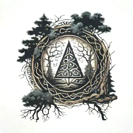 A Mystical Forest Scene With Ancient Norse Runes Hidden Among The Trees