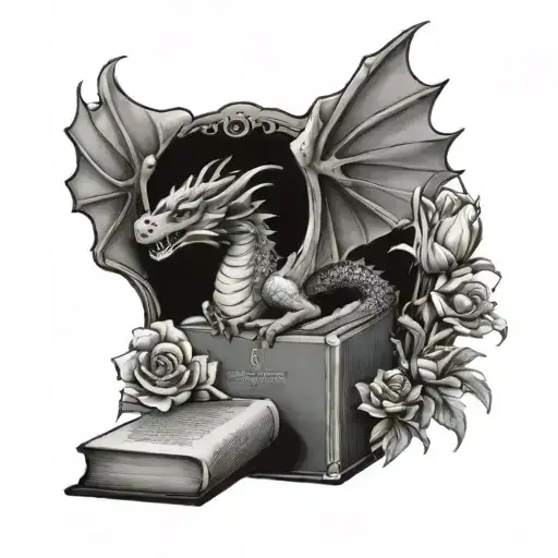 Dragon Peaking Over Book With Flowers Greyscale Calft Placement