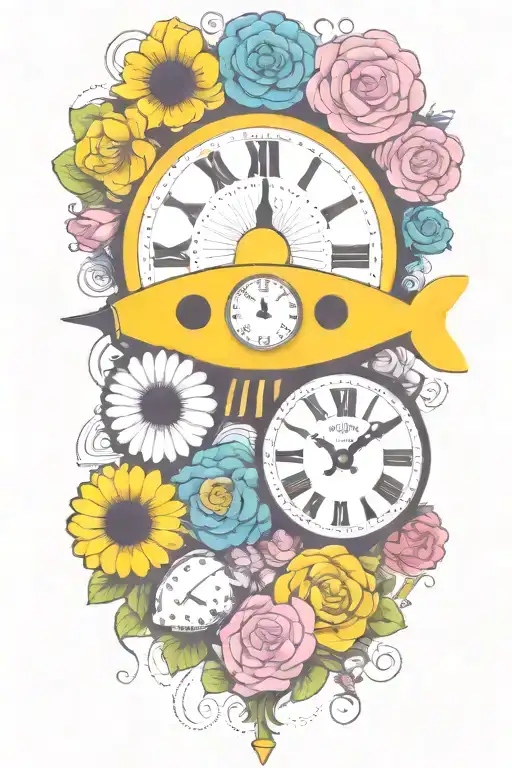 Yellow Submarine With Colorful Flowers And Clock And Rainbow