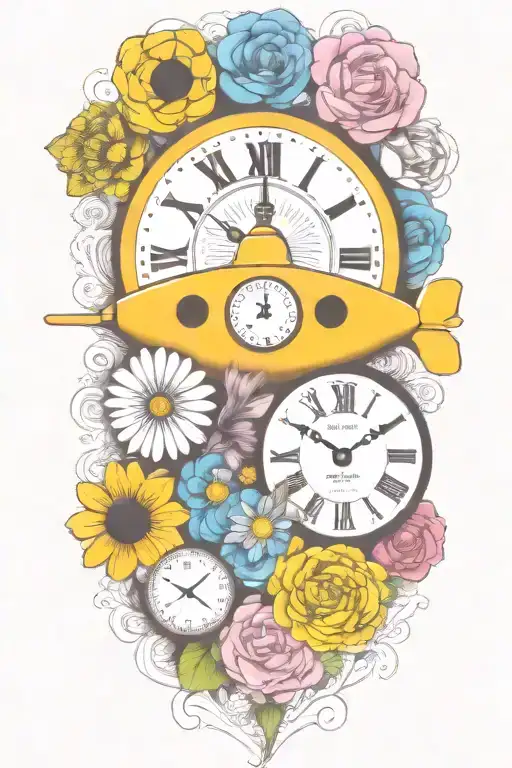 Yellow Submarine With Colorful Flowers And Clock And Rainbow