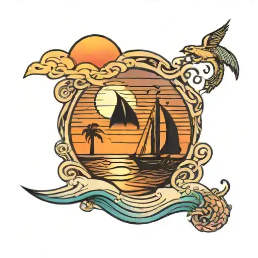 A Neotraditional Tattoo Of A Beach Sunset With Egyptian Hieroglyphics Intertwined In The Waves