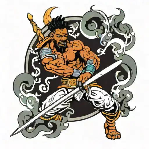 A Neo Traditional Tattoo Of A Powerful Negro Warrior Wielding A Blazing Sword