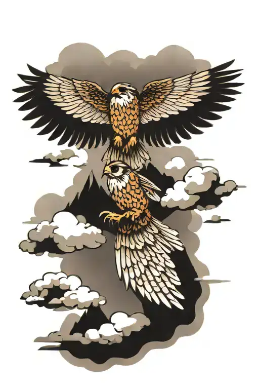 Flying Little Falcon Against The Background Of Snowy Mountains And Clouds