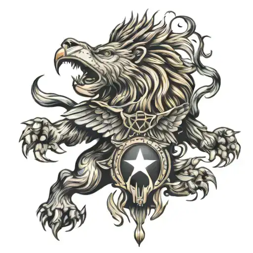 Chest Tattoo With A Lion In The Center And 2 Eagles On The Sides