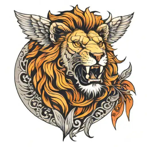 Lion On The Chest And 2 Wings On The Sides Intertwined