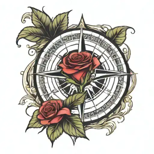 Compass Rose On Top Of A Red Rose That Has 2 Leaves