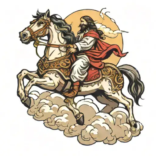 Jesus On Horse In Clouds Surrounding