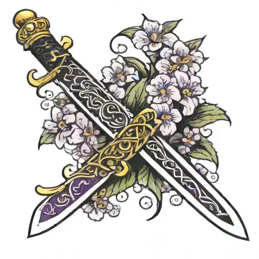 Japanese Style Sword With Violets Wrapped Around It