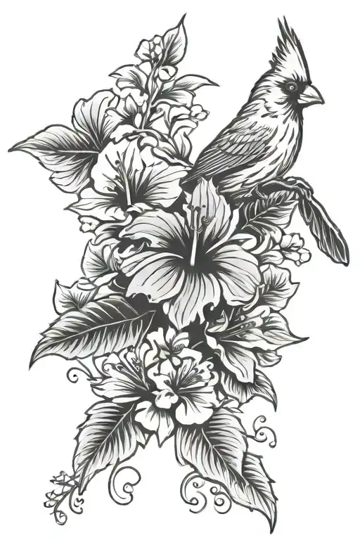 Cardinal And Hibiscus Flower Surrounded