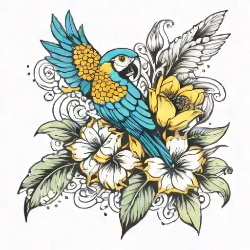 The Word Rio With Parrots And Tulips Sunflowers Lilly