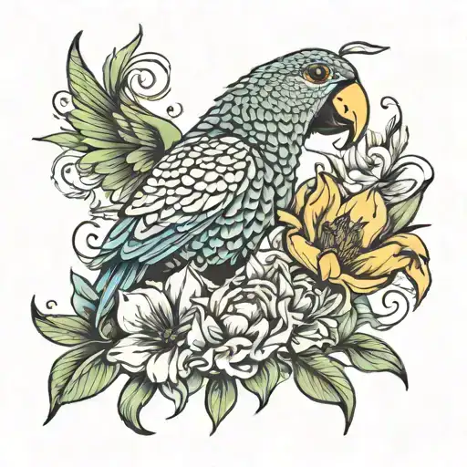 The Word Rio With Parrots And Tulips Sunflowers Lilly