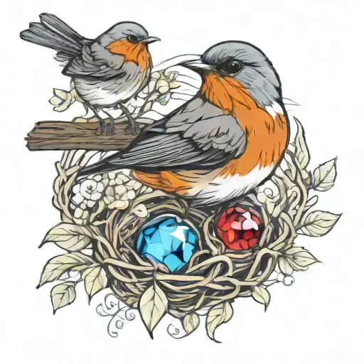3 Birthstones With Nest Around Them And A Robin