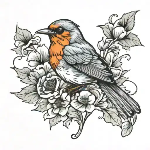 Robin Bird With Poppy Flower Intertwined