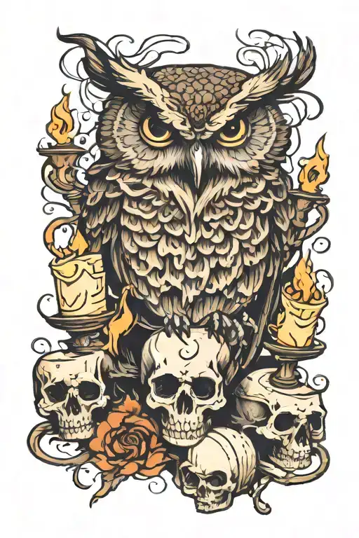 Owl Sitting On Skull Surrounded By Candles And Smoke
