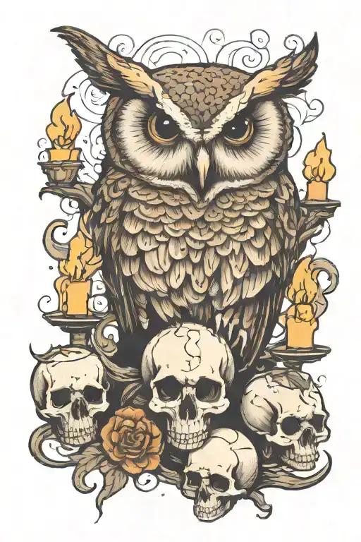 Barn Owl Sitting On Skull Surrounded By Candles And Smoke