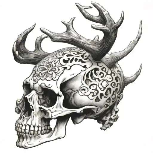 Yacqui Deer Skull Stacked On Human Skull
