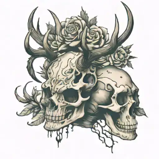 Deer Skull Sitting On Top Of Another Human Skull