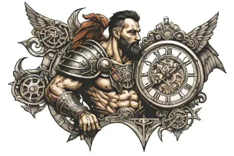 Gladiator With Background Of Clock And Scales In Chest Design
