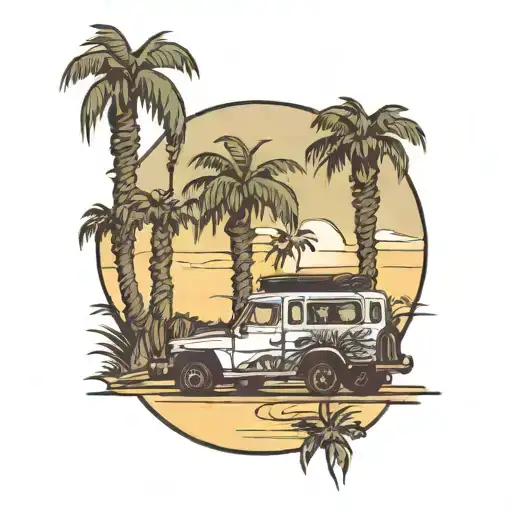 California Palm Trees Along The Road Car In The Foreground