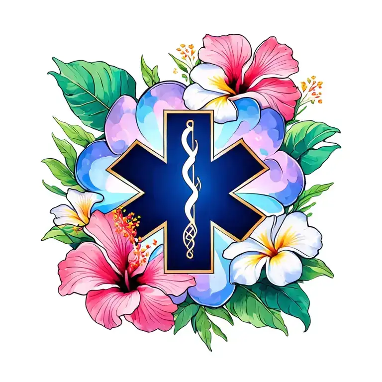 Hibiscus And Plumeria Flowers With Solid Ems Star Of Life In Front