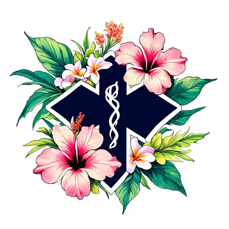 Hibiscus And Plumeria Flowers With Solid Ems Star Of Life In Front