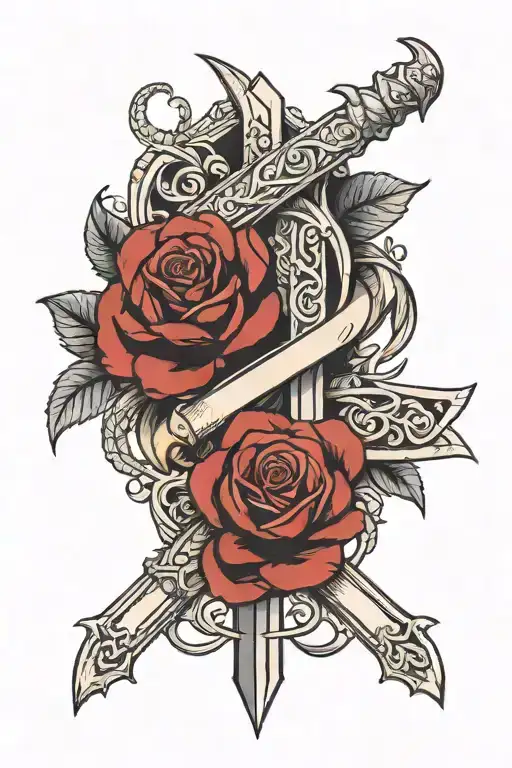 Dark Roses Around A Dagger With Snakes Intertwined