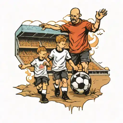 A Father And His Twin Boys Holding Hands Into A Soccer Stadium