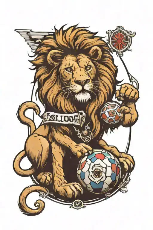 A Lion With Sporting Badge And A Little Kid With A Ball Under His Arm