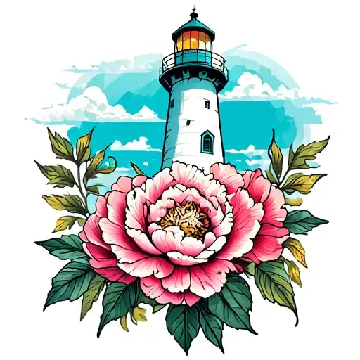 Lighthouse With Peonies Flower