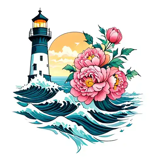Lighthouse With Waves With Peonies Flower