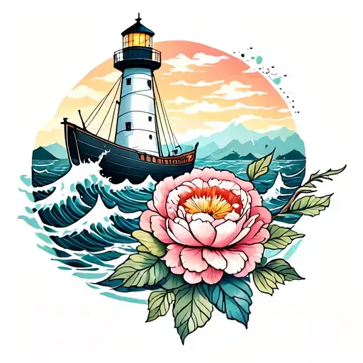 Lighthouse With Waves And Boat With Peonies Flower