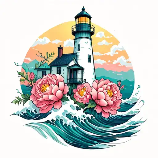 Lighthouse With Waves And Peonies