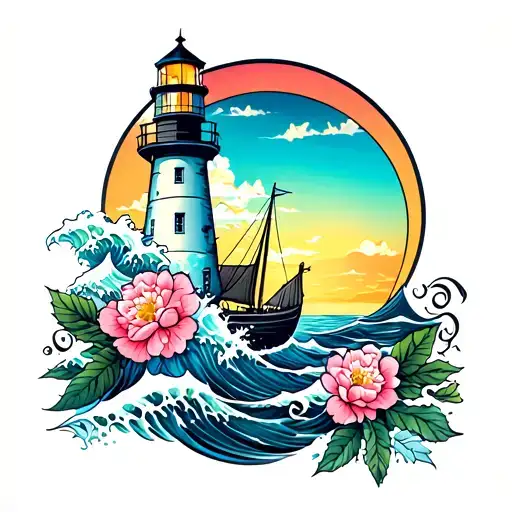 Lighthouse With Waves And Peonies With A Boat Sailing Into The Sunset
