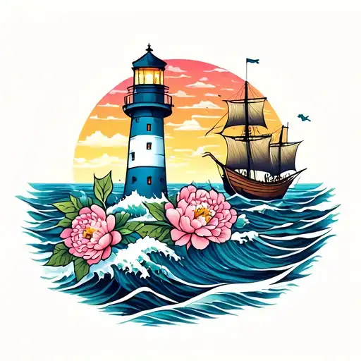 Lighthouse With Waves And A Sunset With Peonies And A Boat Sailing