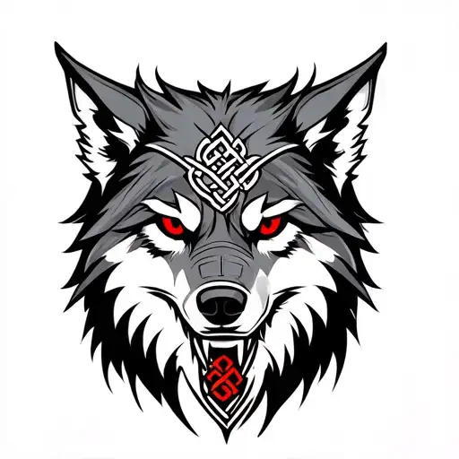Wolf With Red Eyes On Armor Tattoo Design Featuring Celtic Knot