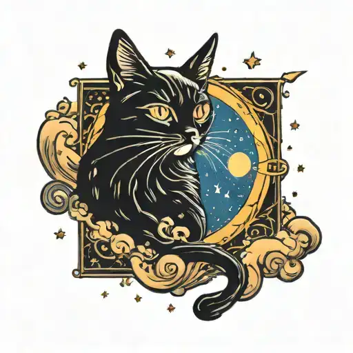A Cosmic Scene With A Black Cat Gazing At A Comet Flying Across